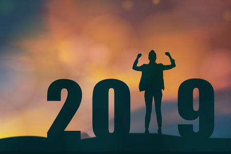 celebrating new year 2019 Silhouette freedom young hope business man standing and enjoying on the the top of the building, city scape, landscape and 2019 years , copy spaceの写真素材