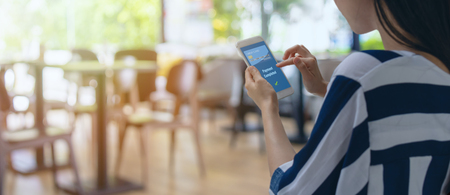 smart retail in futuristic iot technology  marketing concepts,customer use mobile to payment the product via mobile banking with finger print or face recognite technology for security reason  and safeの写真素材