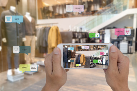 internet of things marketing concepts,smart augmented reality,customer hold the mobile phone to see ...