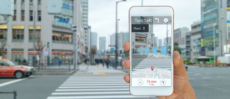 map use ai, artificial intelligence algorithms to determine what individuals want to see When GPS location service are turned on and the Maps app is opened ,popups that can direct the user to landmarkの写真素材