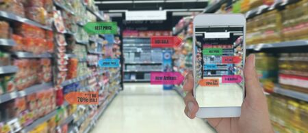 internet of things marketing concepts,smart augmented reality,customer hold the mobile phone to see  the product that search by ai application with hot deal,promotion code, in retail, store, marketの写真素材