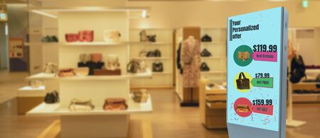 iot machine learning with human , object recognition which use artificial intelligence to analytic concept, it invents to prediction the customer needed with augmented reality on the digital Signageの写真素材