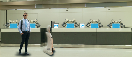 smart hotel in hospitality industry 4.0  concept, the receptionist robot (robot assistant ) in lobby of hotel or airports always welcome customer the service is  including room, information provisionの写真素材