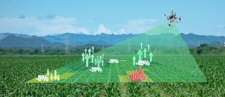 drone for agriculture, drone use for various fields like research analysis, safety,rescue, terrain scanning technology, monitoring soil hydration ,yield problem and send data to smart farmer on tabletの写真素材