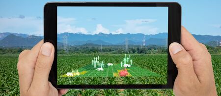 augmented mixed virtual reality use for various fields like research analysis, safety,rescue, terrain scanning technology, monitoring soil hydration ,yield problem and send data to smart farmerの写真素材