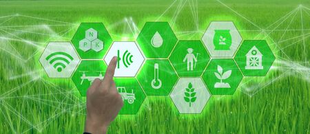 smart farming,industrial agriculture concept with artificial intelligence(ai). Smart Farmer use robot and  augmented reality technology to research,collect,control ,monitor and management in the fieldの写真素材