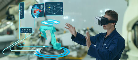 iot smart technology futuristic in industry 4.0 concept, engineer use augmented mixed virtual reality to education and training, repairs and maintenance, sales, product and site design, and more.の写真素材