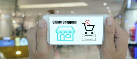 smart retail technology with online shopping concept, customer use password try to log in web store in the retail to receive information and a discount , sale  price the application use ai ar vrの写真素材