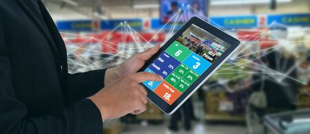 deep machine learning concept, the store or smart retail use artificial intelligence technology with facial recognition to analytic , predict behavior of customer in store to keep target of productの写真素材