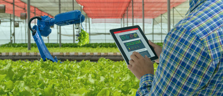 iot smart industry robot 4.0 agriculture concept,industrial agronomist,farmer using software...
