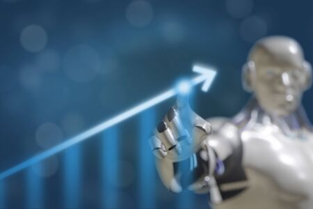 ai artificial intelligent robot hand point hand in to the rising graph with virtual mixed augmented reality for predict growing growth in future future for business development to success,3d renderingの写真素材