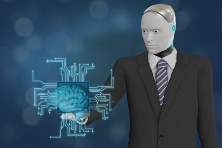 3d rendering robot business man hold the brain artificial intelligent with board circuit with use machine ,deep learning  ,binary technology industryの写真素材