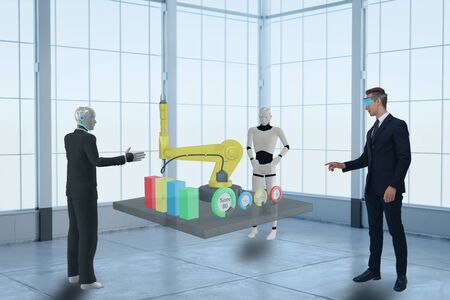 3d rendering business man using virtual mixed augmented reality and discuss with artificial intelligent robot about data in industry, manufacturing, factory or business to improve efficiency , qualityの写真素材