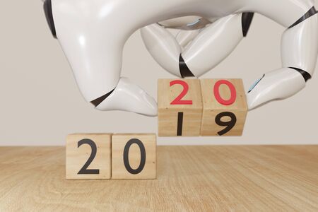 2020, 3d rendering ai artificial intelligent robot hand flip the wooden cube with change the year from 2019  to happy new year coming 2020 concept, artificial intelligent use for improve, growth,の写真素材