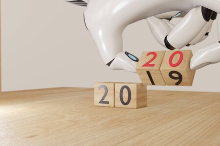 2020, 3d rendering ai artificial intelligent robot hand flip the wooden cube with change the year from 2019  to happy new year coming 2020 concept, artificial intelligent use for improve, growth,の写真素材