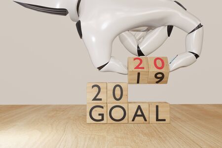 2020, 3d rendering ai artificial intelligent robot hand flip the wooden cube with change the year from goal 2019 to happy new year coming 2020 concept, artificial intelligent use for improve, growth,の写真素材