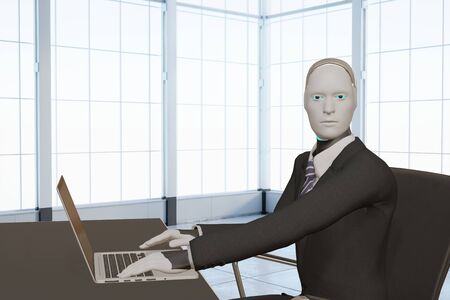 automation 3d rendering artificial intelligent humanoid business working with notebook computer in office conceptの写真素材