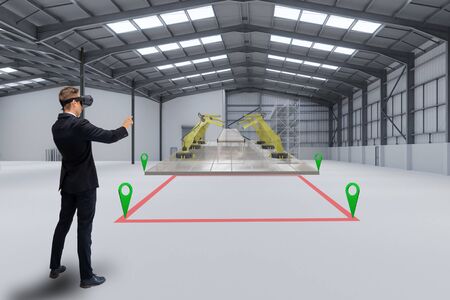 smart manufacturing ,industry 4.0, 5.0 technology concept, man use augmented mixed virtual reality technology to manage, simulation to install new machine in the factory predict, analytic 3d renderingの写真素材