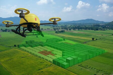 drone for agriculture, drone use for various fields like research analysis, safety,rescue, terrain scanning technology, monitoring soil hydration ,yield problem and send data to smart farmer on tabletの写真素材