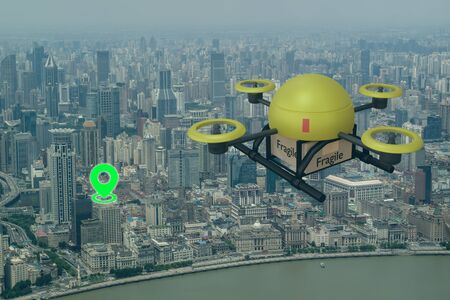drone flying transportation in smart city concept, a retail/owner use a drone(artificial intelligence technology delivery to send a tool kit, product, fruit, vegetable, etc in the store,  to customerの写真素材