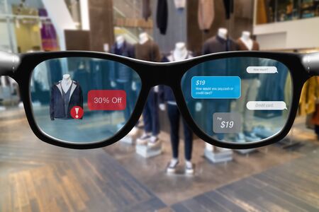 smart glasses with augmented mixed virtual reality in retail concept , customer use artificial intelligence, geofencing and chatbot technology to buy product in superstoreの写真素材
