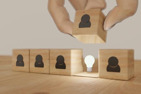 3d rendering hand man try to find, pull or put an idea after the positive thinking team are brainstorm, meeting, discuss, find a solution, resolve the problemの写真素材