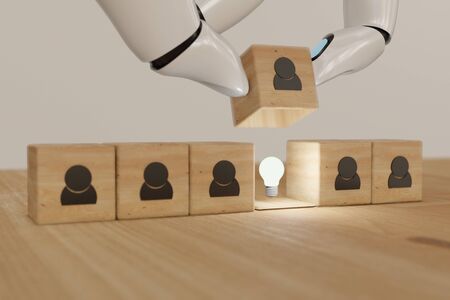 3d rendering hand robot artificial intelligence man try to find, pull or put an idea after the positive thinking team are brainstorm, meeting, discuss, find a solution, resolve the problemの写真素材