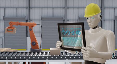 3d rendering, iot industry 4.0 concept,industrial robot using smart glasses with augmented mixed with virtual reality technology to monitoring machine in real time with hologram of assistant engineerの写真素材