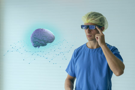 surgery doctor use smart glasses device with augmented mixed virtual reality technology to look at...