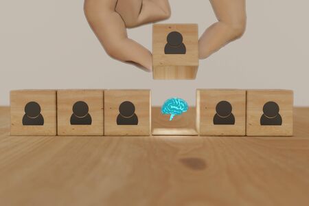 3d rendering hand man try to find, pull or put an idea after the positive thinking team are brainstorm, meeting, discuss, find a solution, resolve the problemの写真素材