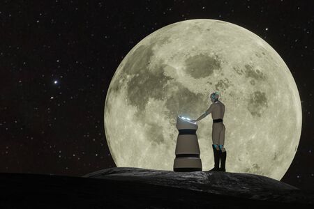 ai artificial intelligence robot try to put the hand into the robot assistant while stand in front of the moon backgroundの写真素材