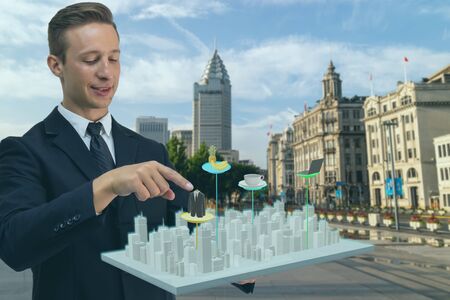 smart technology in augmented mixed virtual reality in retail combine artificial intelligence mapping in futuristic concept, customer can go, know the recommend product by geofencing technologyの写真素材
