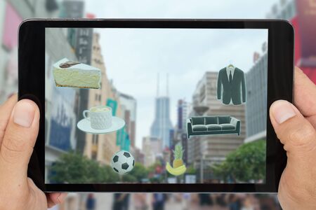 smart technology in augmented mixed virtual reality in retail combine artificial intelligence mapping in futuristic concept, customer can go, know the recommend product by geofencing technology  の写真素材