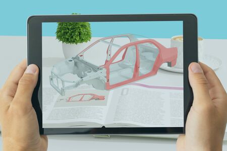 man hand try to use augmented mixed virtual reality technology conceptの写真素材