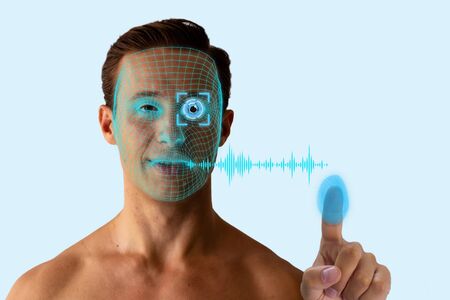 biometrics concept, the identity person use artificial intelligence, machine learning, deep learning with facial recognition, iris scanning, fingerprint identification, voice verification technologyの写真素材