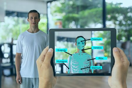 business man use augmented mixed virtual reality integrate artificial intelligence combine deep,...