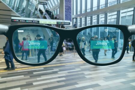 augmented mixed virtual reality  concept, Smart glasses work through a combination of display, sensors and accelerometers, coupled with smart software ,internet connectivity to make them realy usefulの写真素材