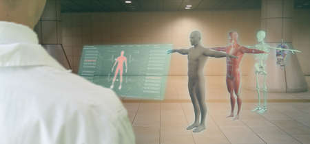 smart medical technology concept, doctor use smart glasses to use augmented reality to show the anatomy body of the patient for analysis and find the way to treatment in surgery room at hospitalの写真素材