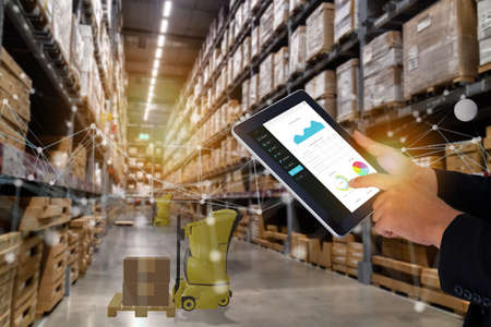 smart retail concept, autonomous robot service use for move box in Stores that stock goods on shelves with artificial intelligence, 5g, digital twin, quantum computer, machine learning, blockchainの写真素材