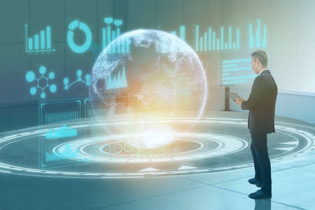 digital transformation technology concept business man using augmented mixed virtual reality combined artificial intelligence to make industry business growth improve quality efficiency make profitの写真素材