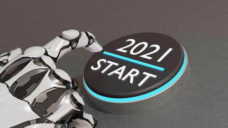 3d rendering ai artificial intelligence hand try to push start 2021 buttonの写真素材