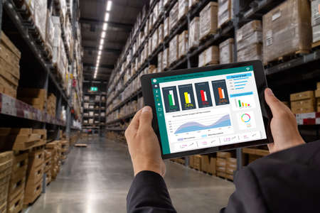 smart retail concept, man hand tyr to use machine deep learning with artificial intelligence to keep, collect, analysis data and behavior of customer who visit smart store, ware house to serve needの写真素材