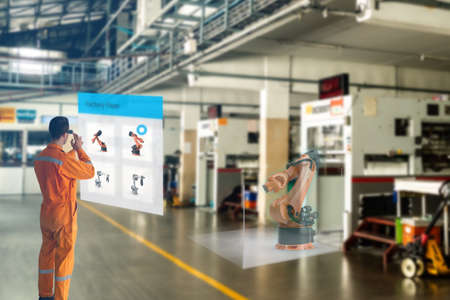 smart factory which use futuristic technology which combine big data, iot, 5g, machine deep learning, automation robot, augmented mixed virtual reality, digital twin, artificial intelligenceの写真素材