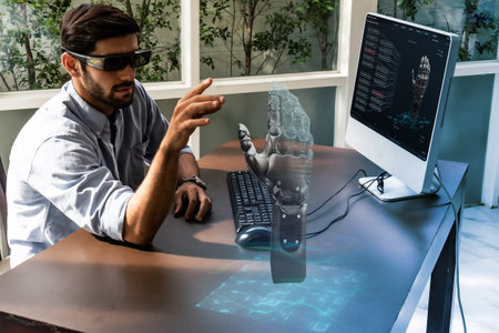 engineer in smart factory which use futuristic technology combine big data, iot, 5g, machine deep...