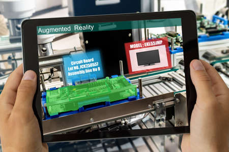 smart factory which use futuristic technology which combine big data, iot, 5g, machine deep learning, automation robot, augmented mixed virtual reality, digital twin, artificial intelligenceの写真素材
