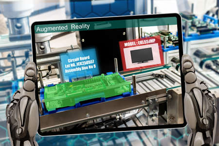 smart factory which use futuristic technology which combine big data, iot, 5g, machine deep learning, automation robot, augmented mixed virtual reality, digital twin, artificial intelligenceの写真素材