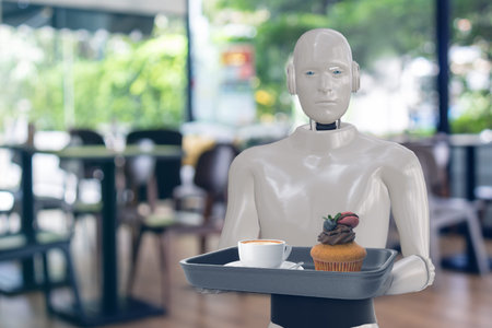smart handy dexterous chef robotic assistant in kitchen technology concept, robot  receive an order...
