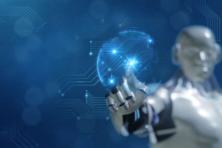Futuristic Artificial intelligence concept. robot use technology including digital twin, 5g, big data, artificial intelligence, machine deep learning, augmented mixed virtual reality in communicationの写真素材