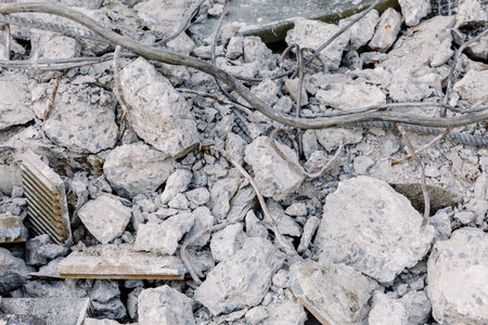 Concrete debris stacked into a wall.