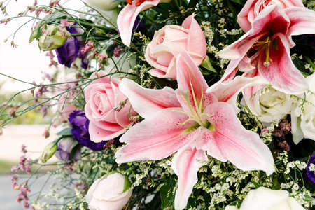 Hippeastrum and Pink roses arranged in a bouquet of flowers.の写真素材